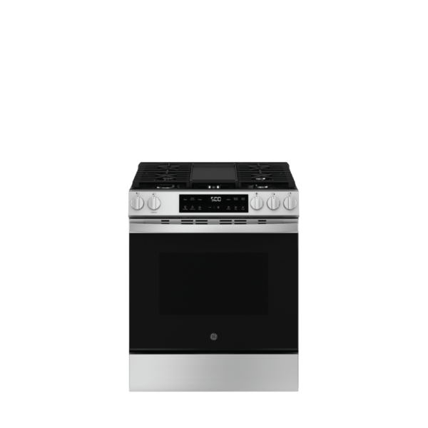 Shop GE 30in Slide in 5 Element Gas Range with front controls available at ESSCO Barbados