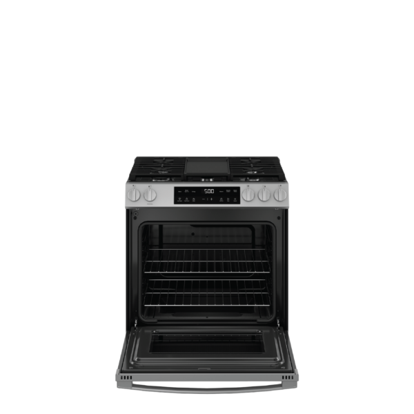 Shop GE 30in Slide in 5 Element Gas Range with front controls available at ESSCO Barbados