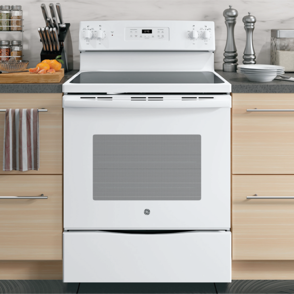 GE 30in White Electric Range with 4 elements open available at ESSCO Barbados