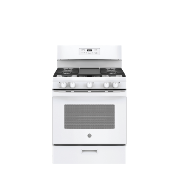 Shop GE 30in White Gas Range with 5 burners available at ESSCO Barbados